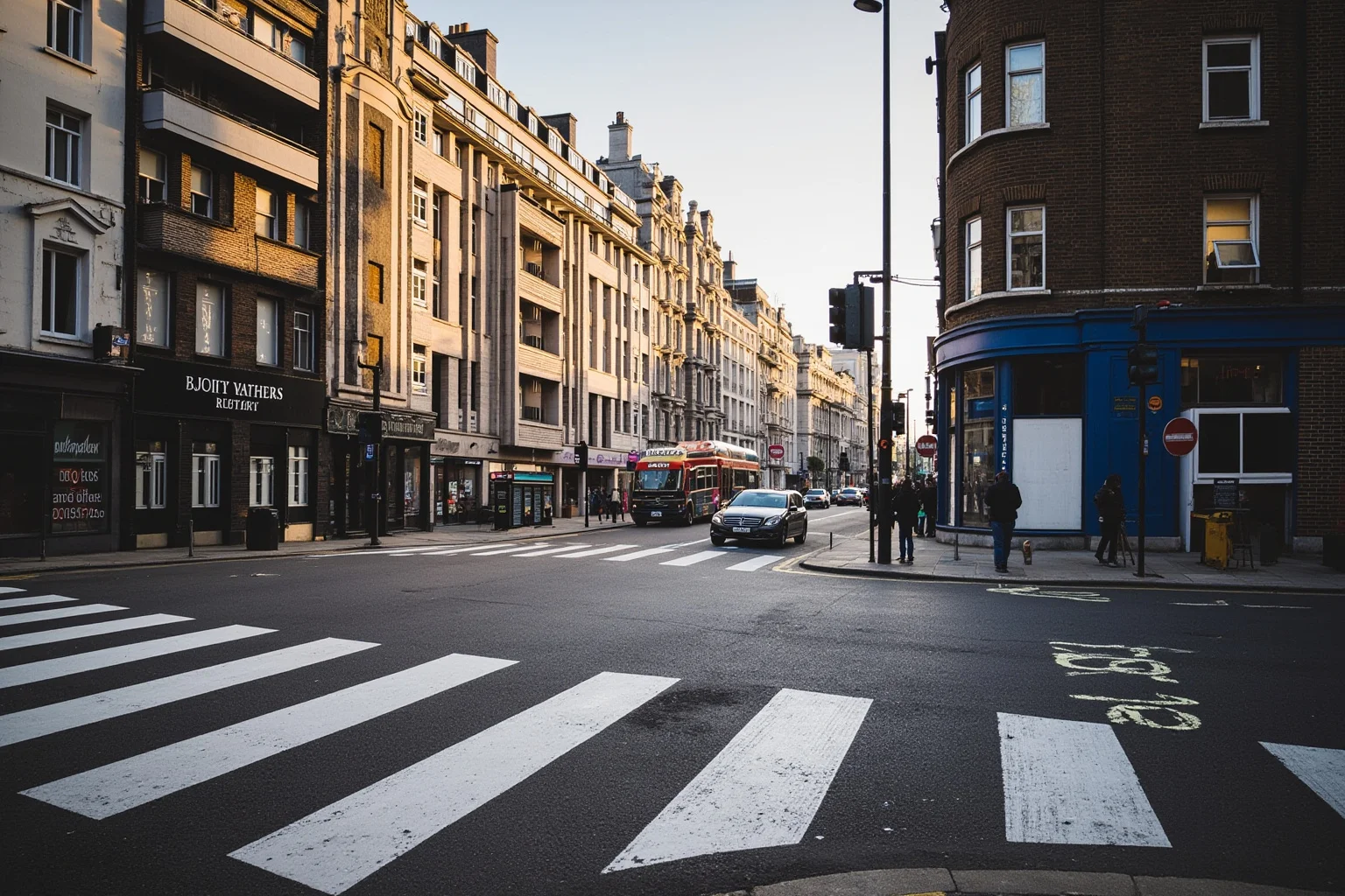 Incredible Facts About the Beatles' Greatest Band History 20 A zebra crossing on a quiet London street lined with historic buildings, early morning light