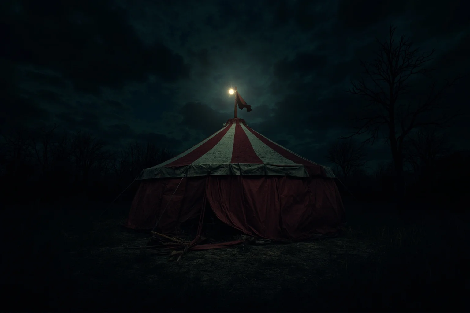 22 Creepiest People in History (And the Truth Behind Their Legends) 21 Abandoned carnival tent with a single dim light at night, unsettling illustration