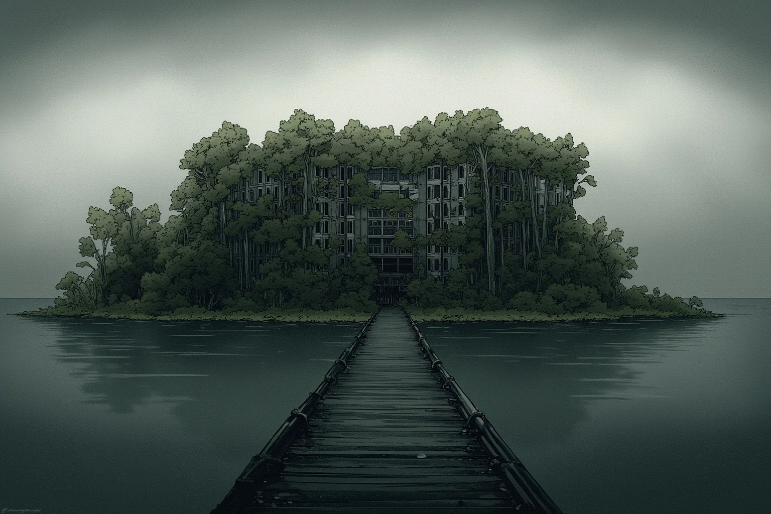 Abandoned overgrown institutional building on a wooded island, gray sky, moody illustration style