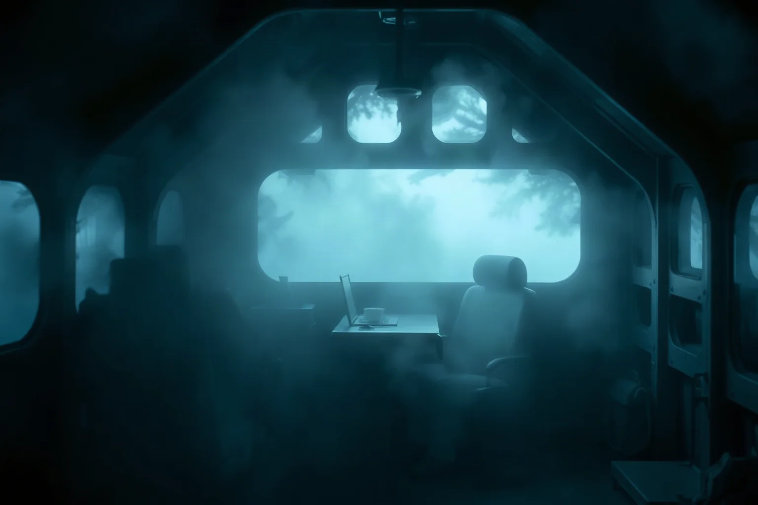 Abstract artistic depiction of a hazy, dreamlike cabin interior symbolizing oxygen deprivation