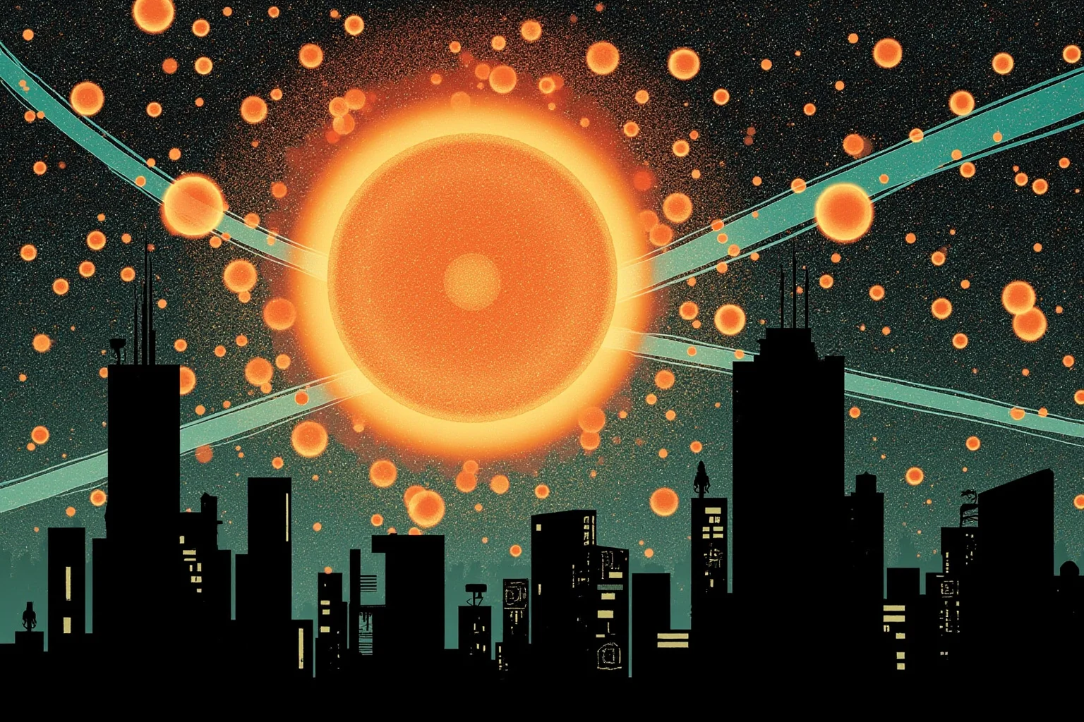 Abstract atomic energy illustration with glowing particles above a mid-20th-century cityscape silhouette