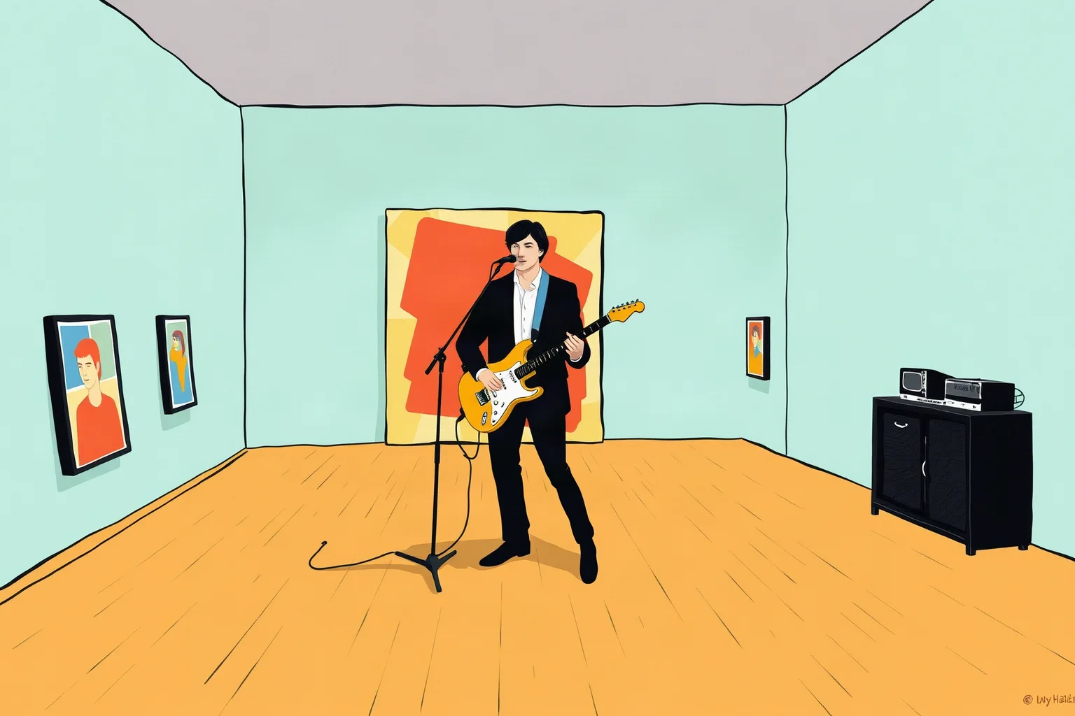 Abstract avant-garde art illustration representing a conceptual artist and musician of the late 1960s, gallery setting, non-photorealistic style
