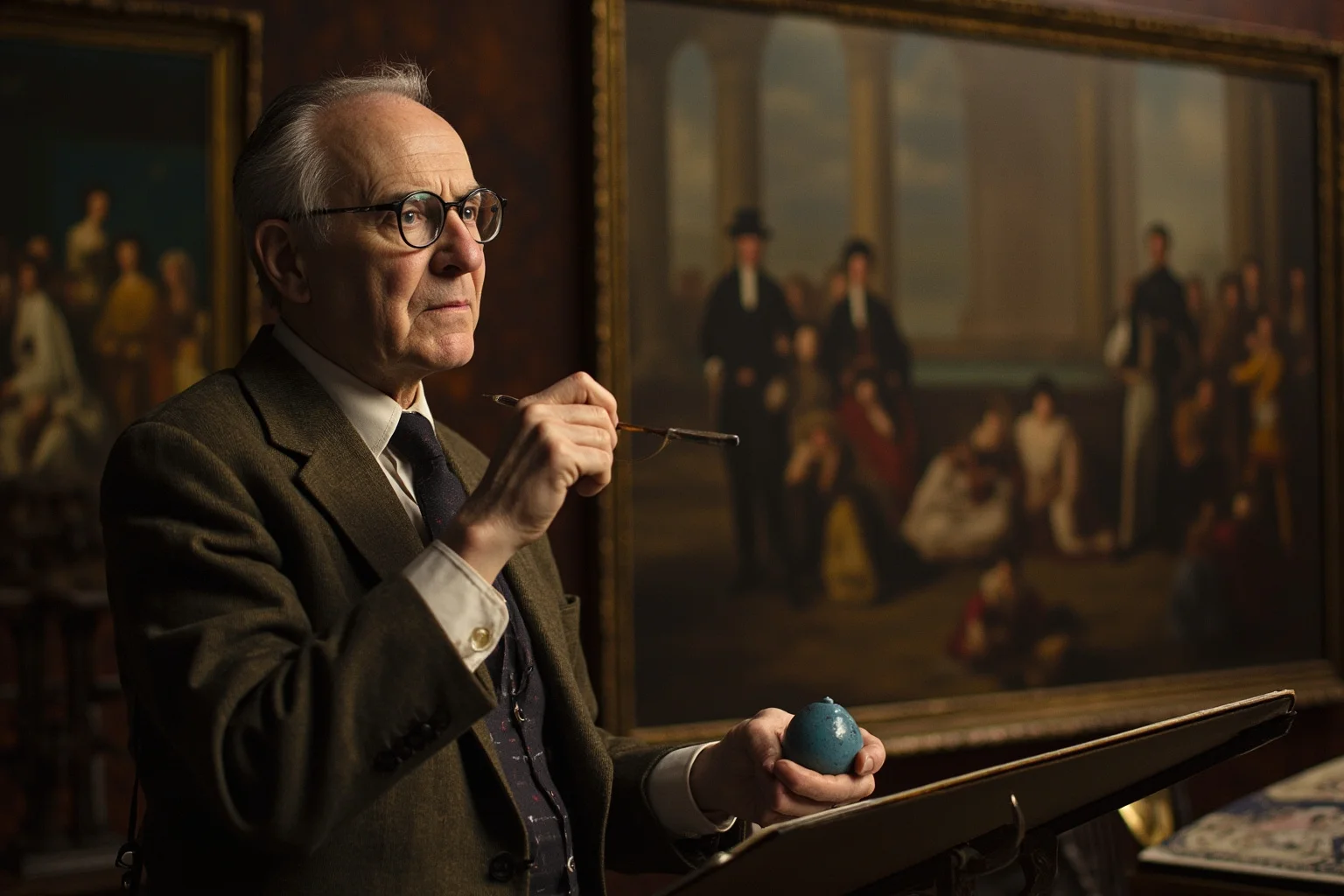 The Most Shameless Traitors of All Time 13 Academic art historian in mid-20th century setting surrounded by paintings and royal palace artwork, espionage undertones
