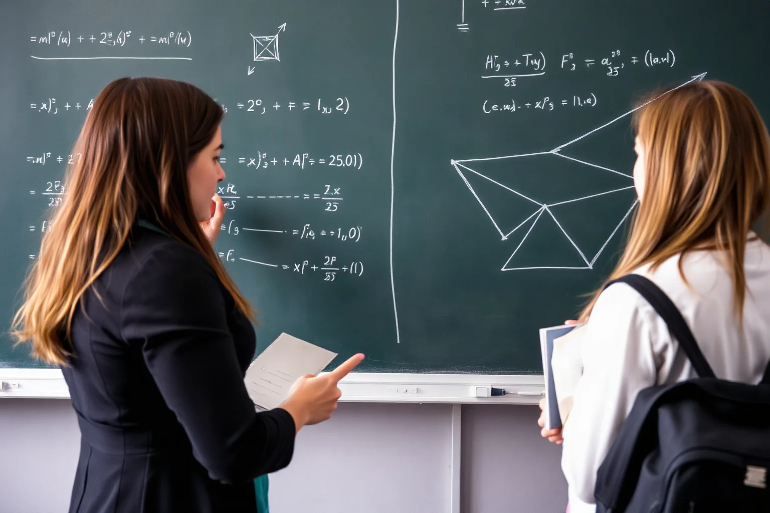 Academic study with theoretical physics equations on blackboard, symmetry diagrams, and university certificates despite gender barriers