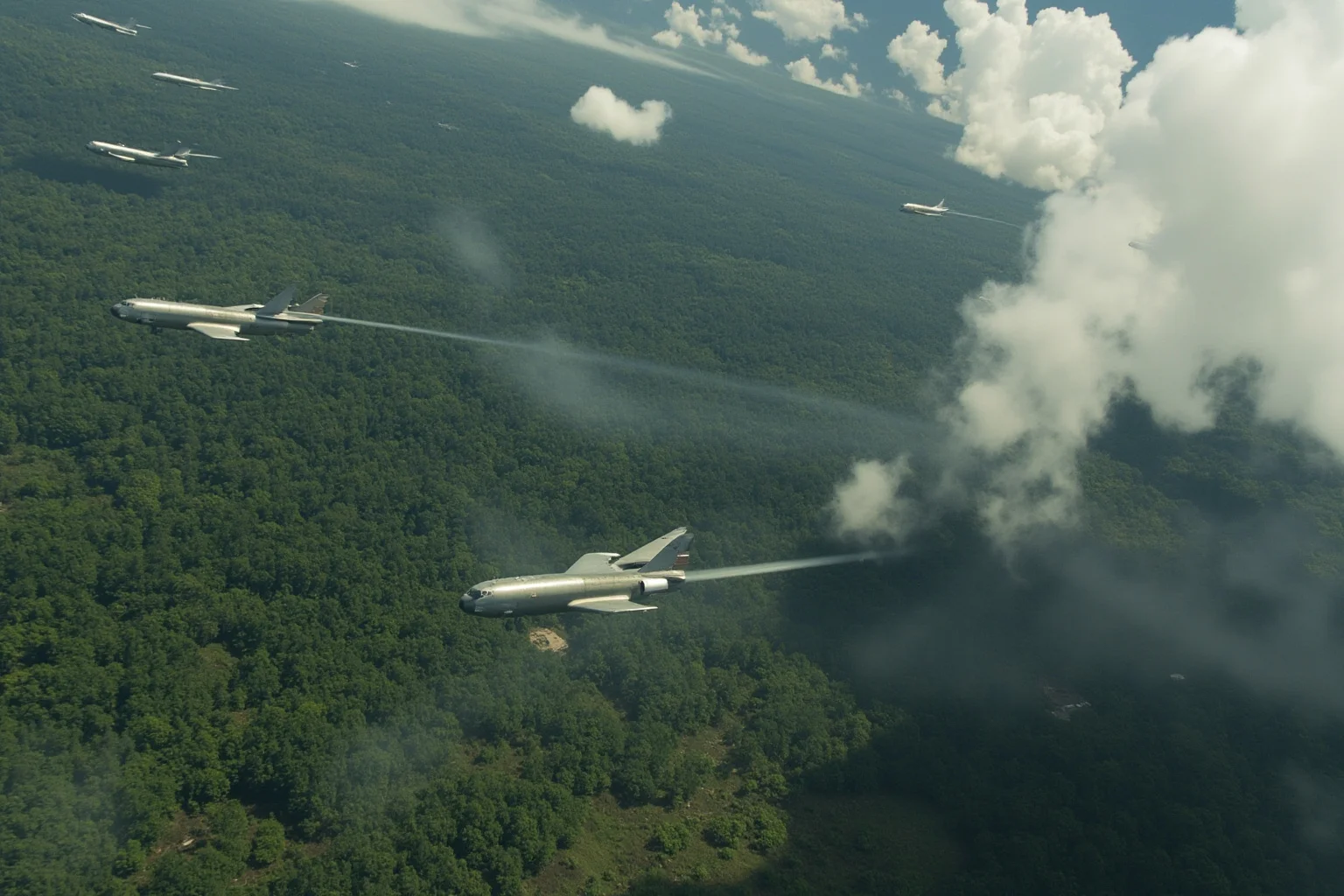 Aerial illustration of bombers releasing bombs over dense jungle terrain