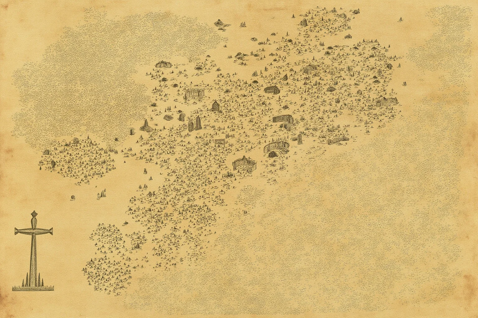 Aerial map-style illustration showing the scale of an ancient burial complex with multiple pits