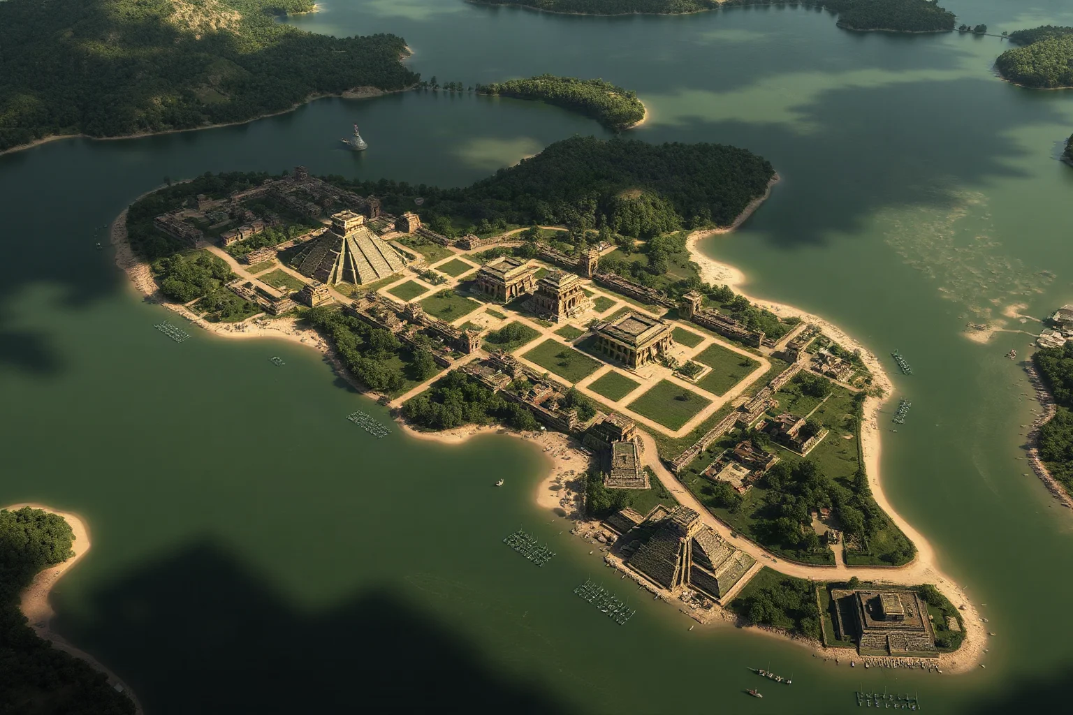 Aerial reconstruction of Tenochtitlan showing the island city with causeways, floating gardens (chinampas), and surrounding lake