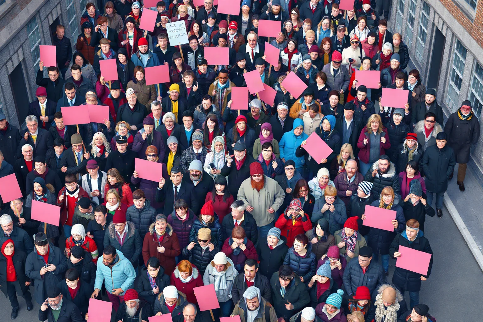 Aerial-style illustration of a massive crowd of diverse protesters filling a wide avenue, winter coats, pink signs