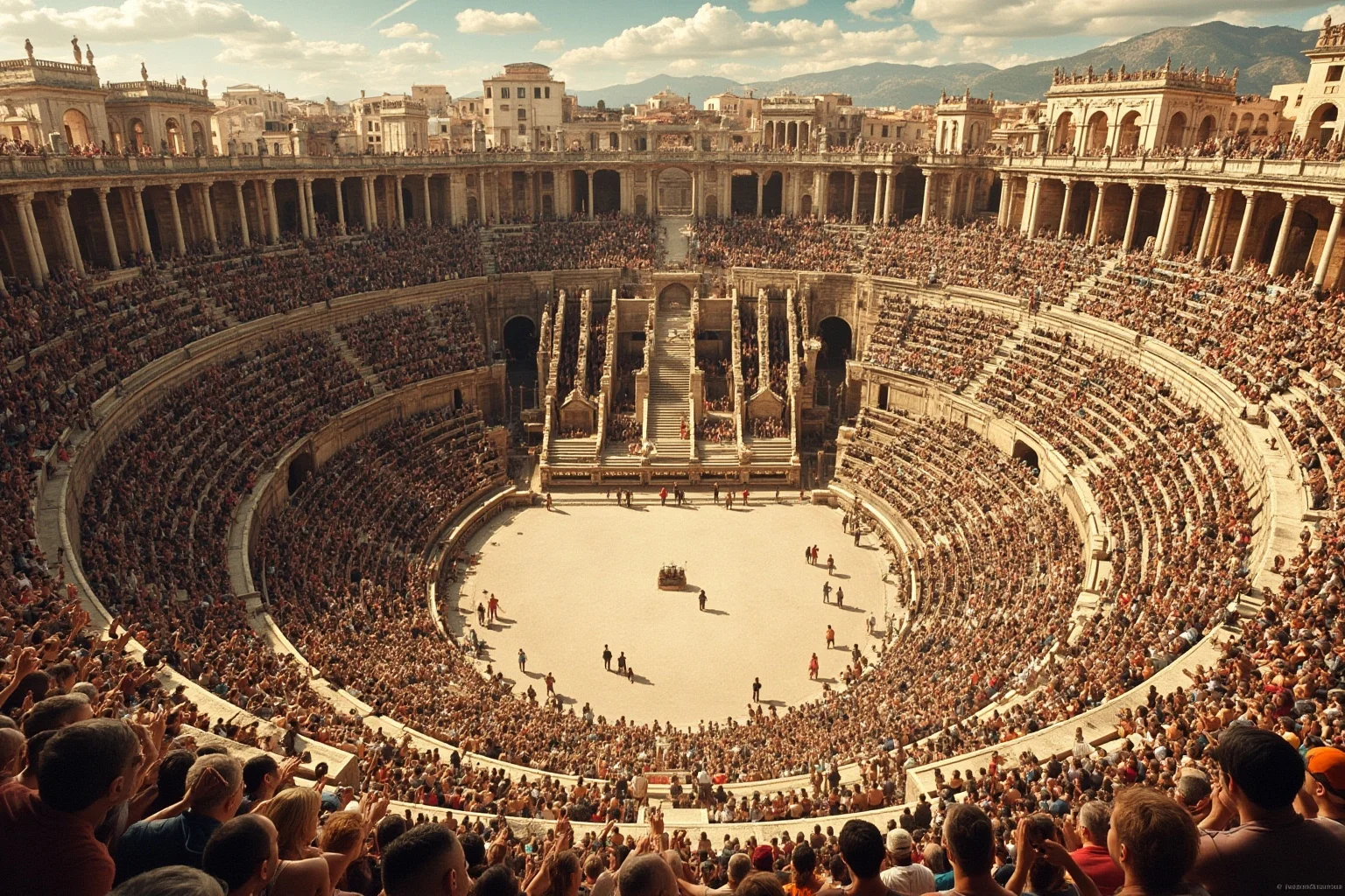 Aerial-style illustration of a packed ancient Roman amphitheater full of spectators
