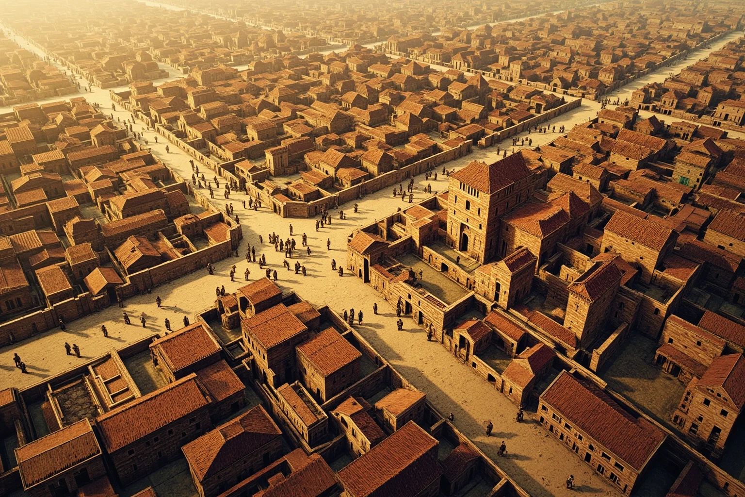 Aerial-style illustration of an ancient planned city with grid streets and brick buildings, Bronze Age atmosphere