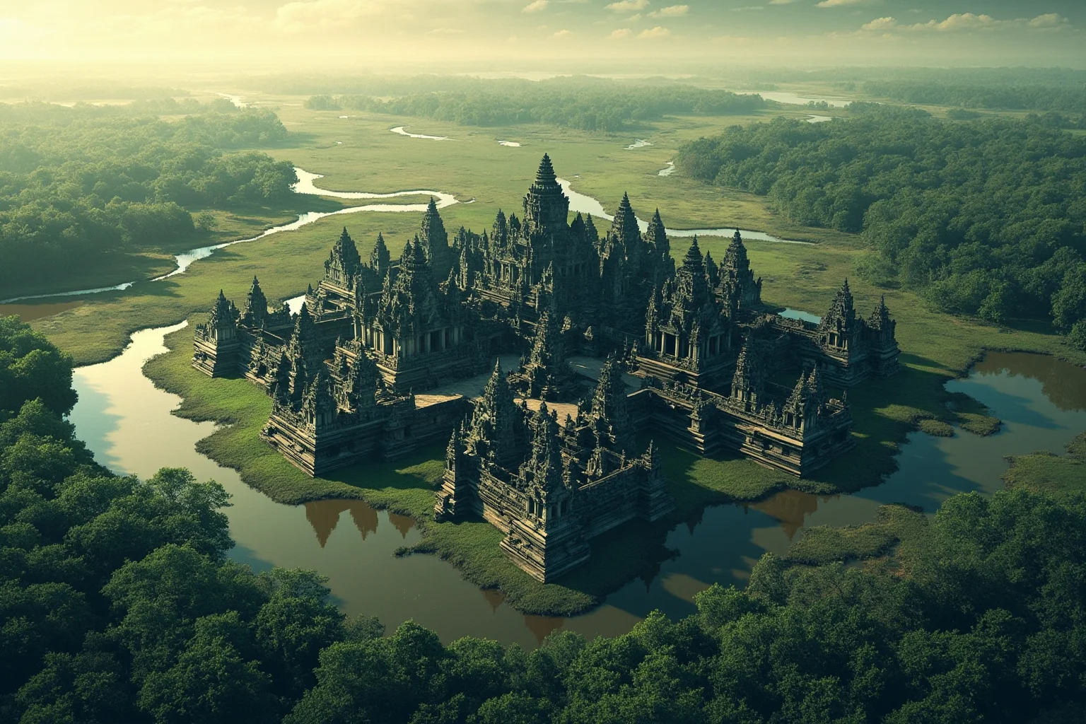 Aerial-style illustration of ancient Angkor's temple complex surrounded by reservoirs, canals, and jungle