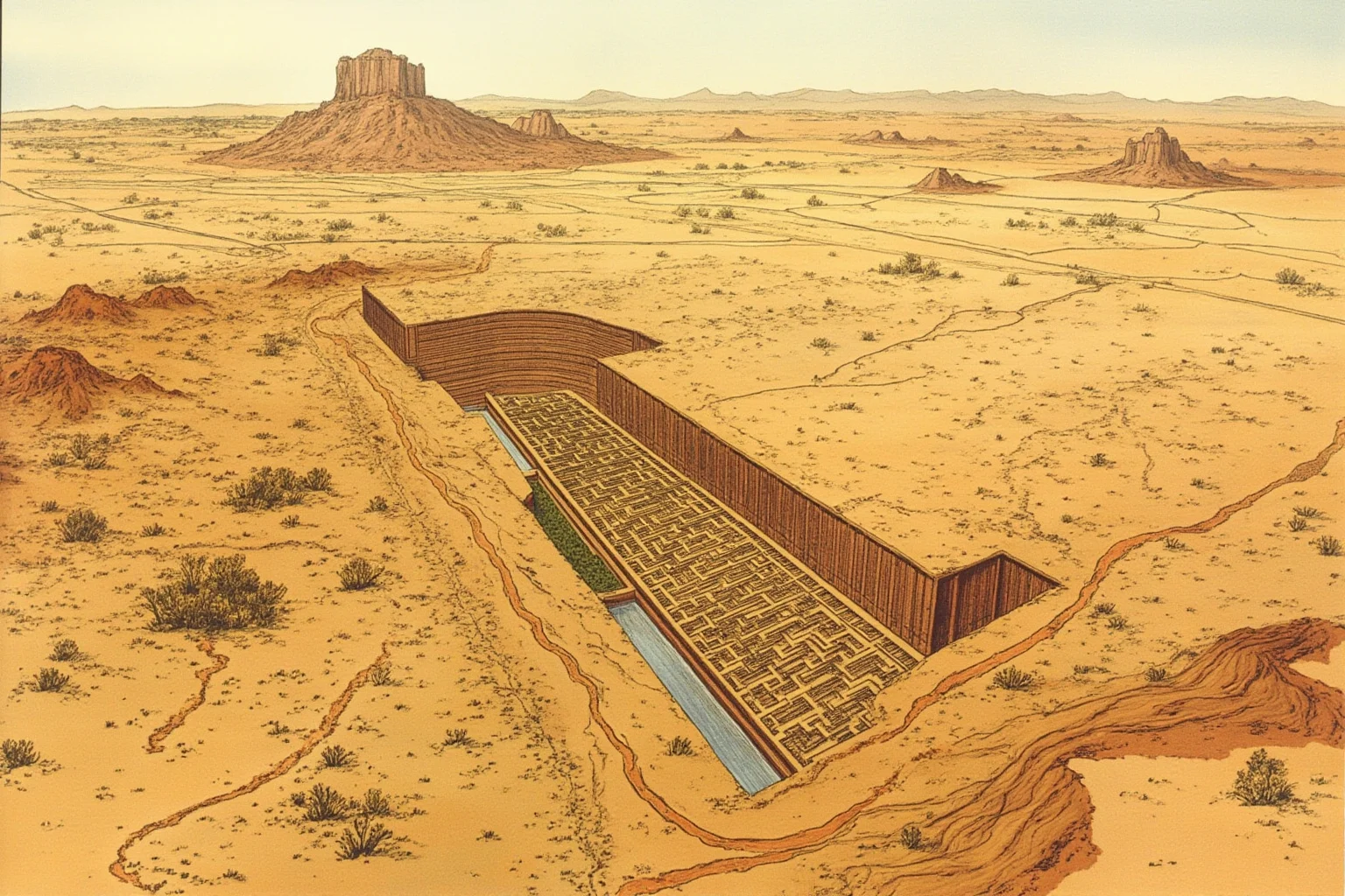 Aerial-style illustration of ancient desert lines and an underground aqueduct system in a dry valley