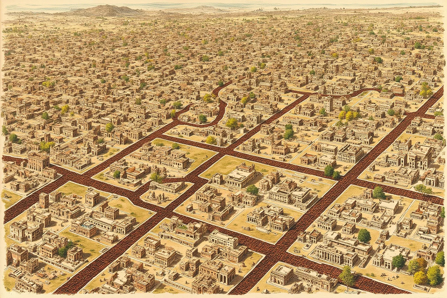 Aerial-style illustration of Mohenjo-daro's grid streets and brick drainage channels
