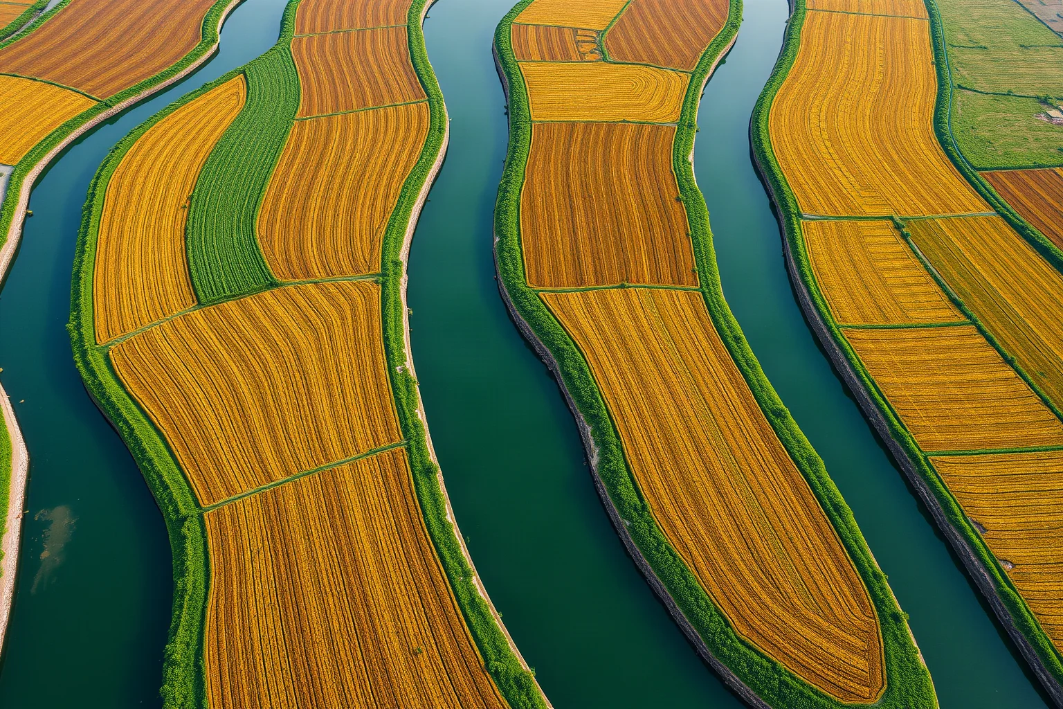 Aerial-style illustration of raised agricultural fields separated by narrow water canals