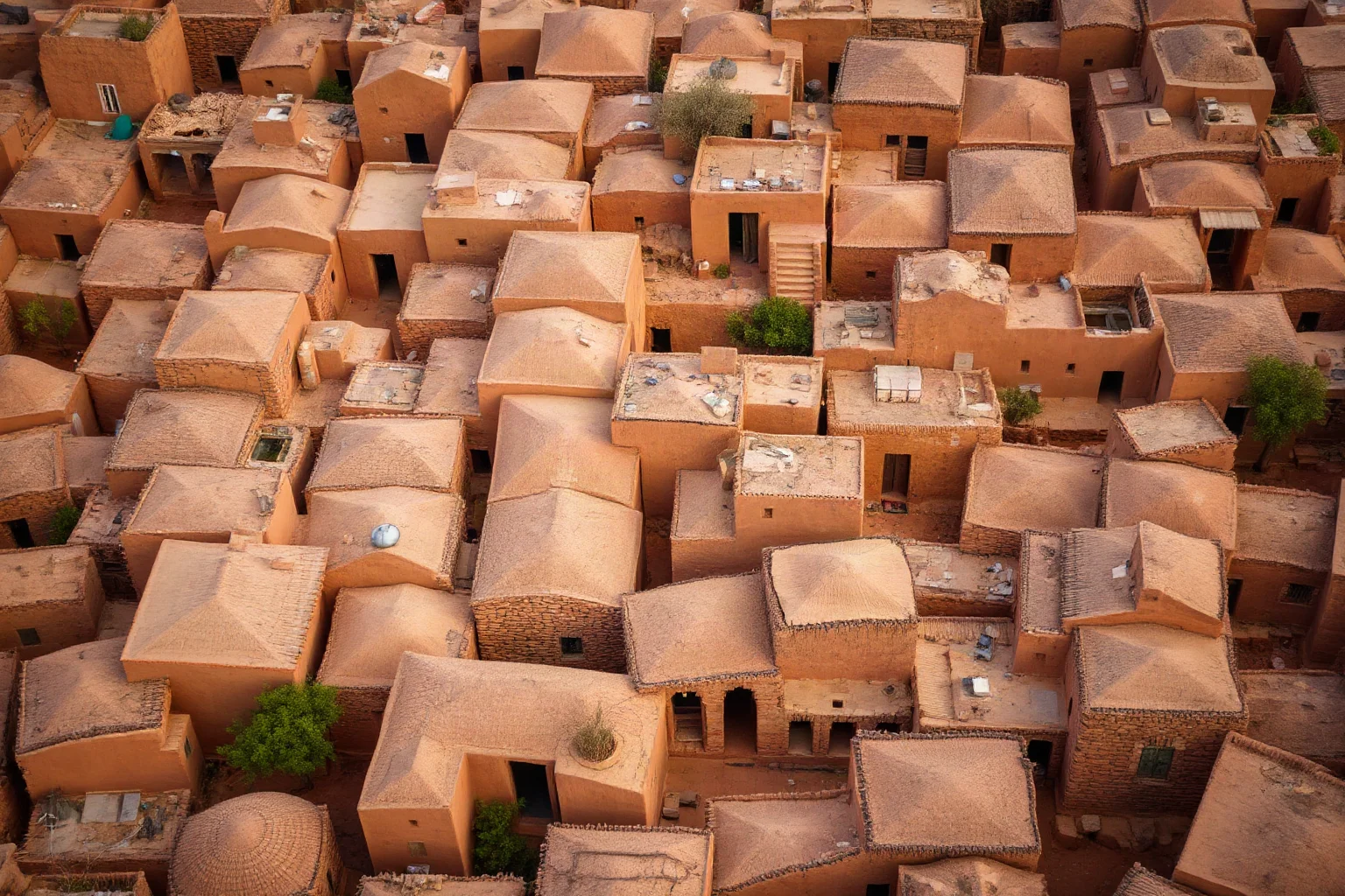 Aerial view of a dense ancient mudbrick settlement with flat rooftops and no streets between houses, warm earthy tones