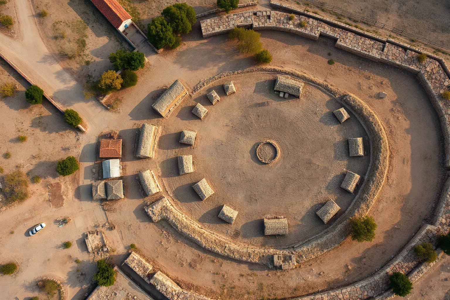 Aerial view of a large prehistoric Cucuteni-Trypillia settlement with circular layout of huts