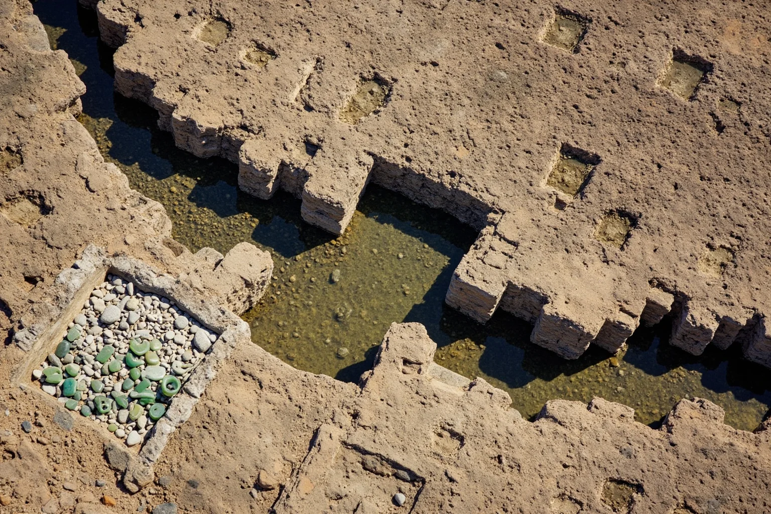 Aerial view of ancient stone city walls and canal remains, jade artifacts nearby