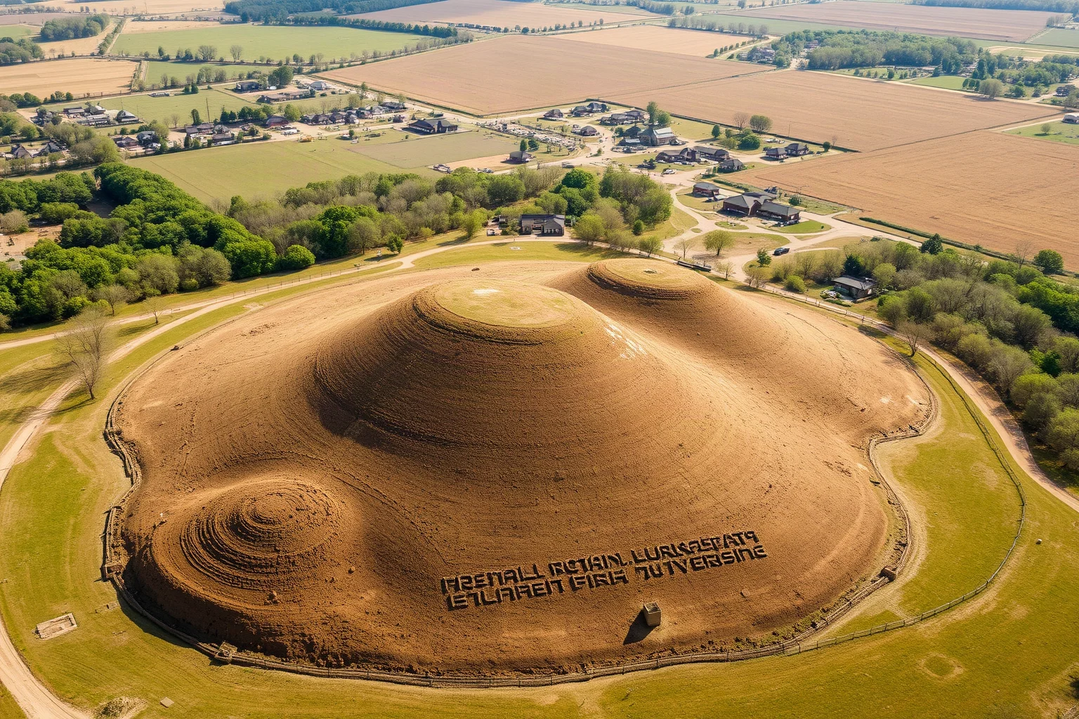 Aerial view of large earthen mounds at Cahokia with a Mississippian-era settlement around it
