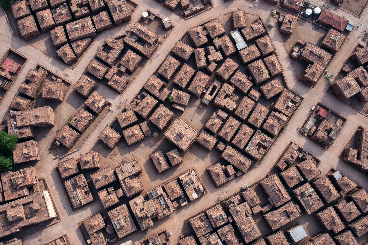 Aerial view of Mohenjo-daro's grid-pattern streets and urban layout, showing standardized brick structures and organized city planning from above