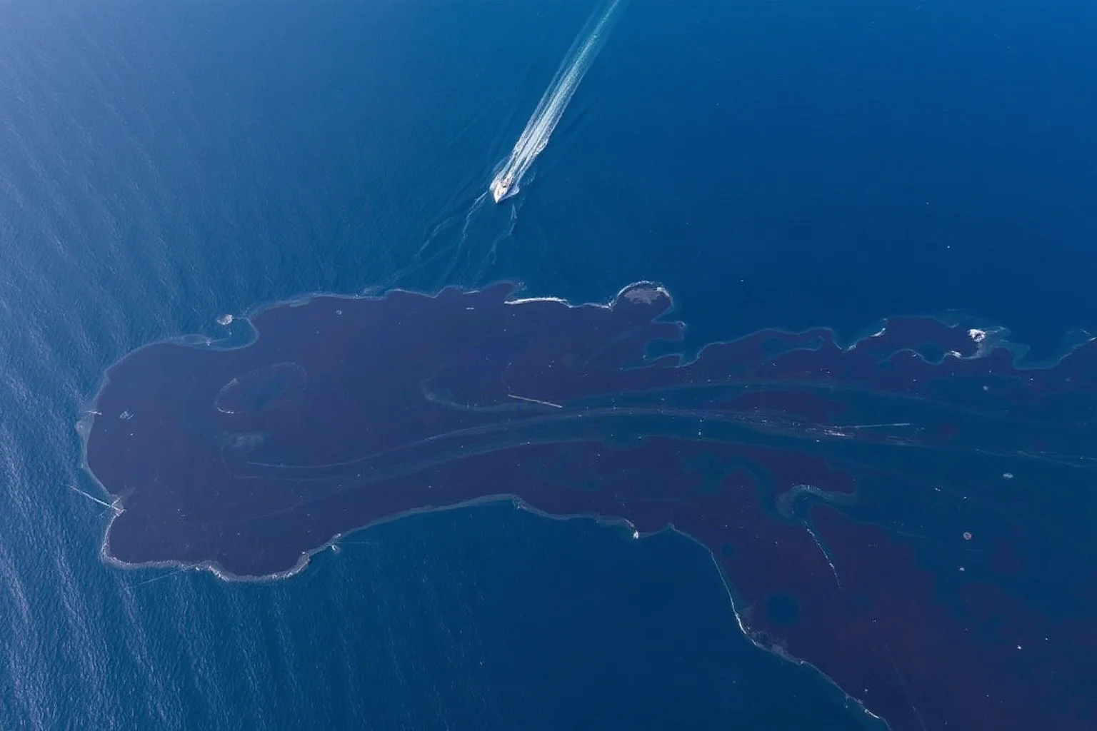 Aerial view of oil slick spreading across open ocean water with a distant coastline, response boats visible, documentary photography style