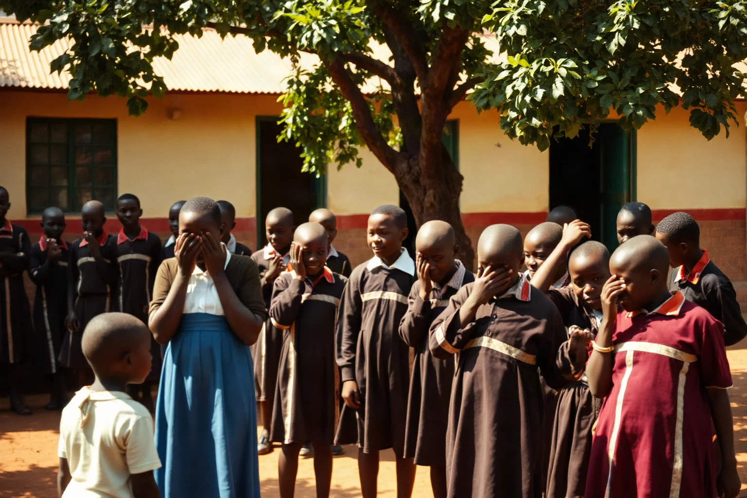 African boarding school courtyard in the 1960s with students covering their faces in laughter, warm sunlight