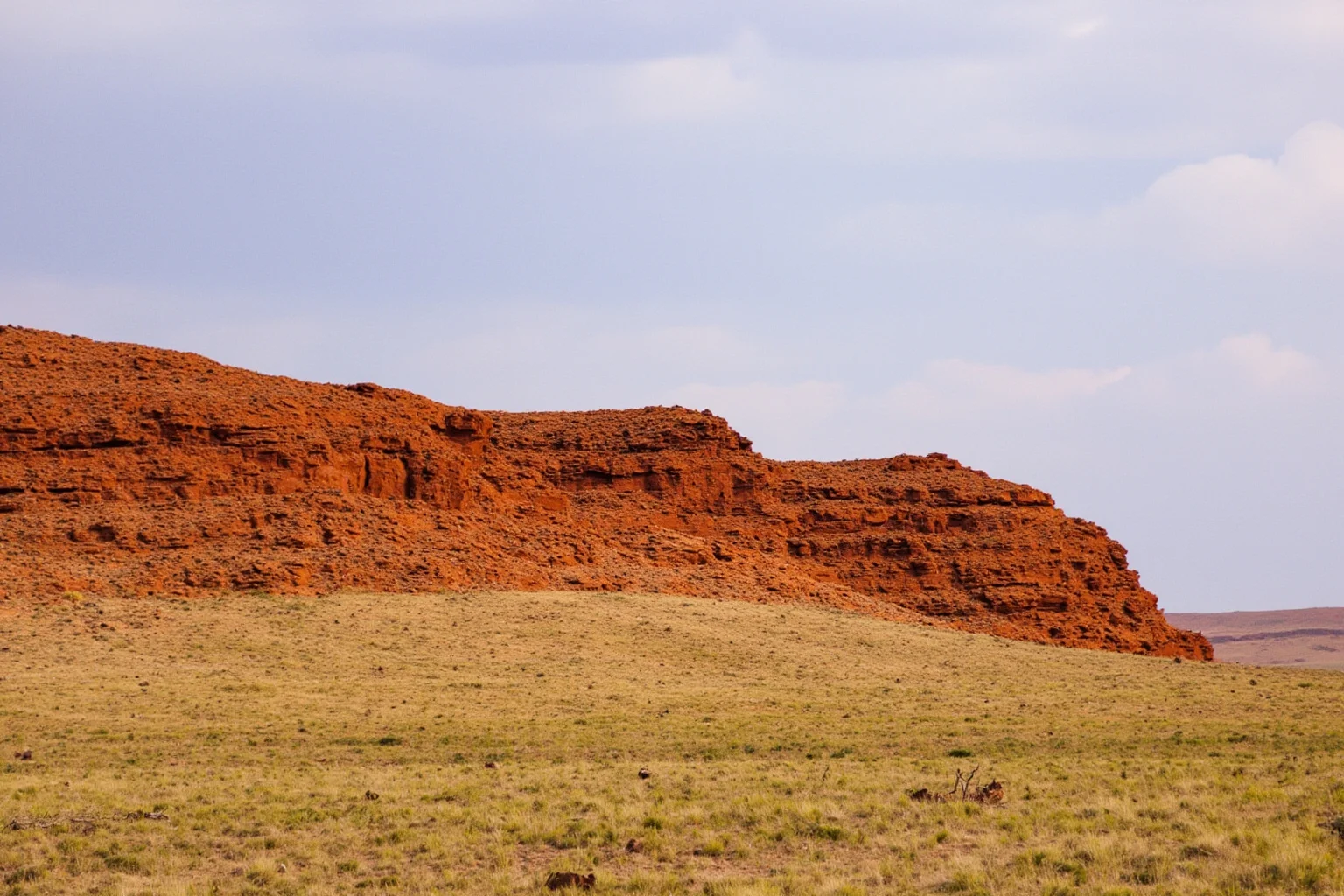 African savanna landscape with reddish sedimentary rock exposed on a low ridge