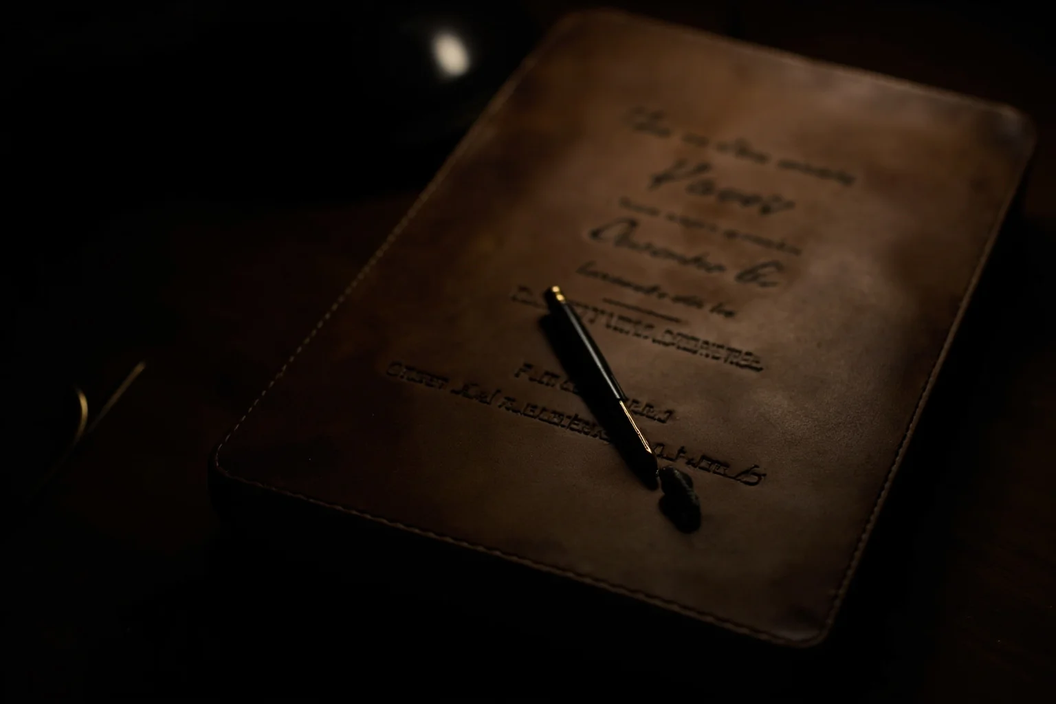 Aged leather diary and fountain pen on a wooden desk under dim lamp light, mysterious atmosphere