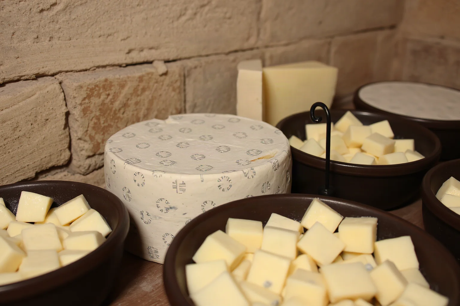 Aged wheels of medieval cheese and fresh curds in earthenware bowls, monastery dairy setting