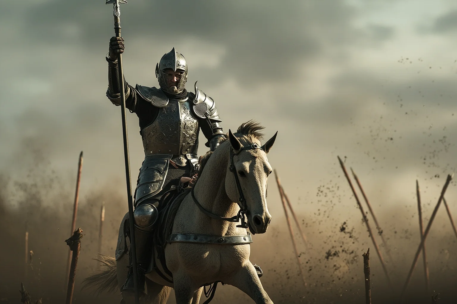 22 Most Notorious Knights From History: Heroes, Villains, and Legends 6 Aging armored knight standing triumphant on a tournament field with broken lances scattered around
