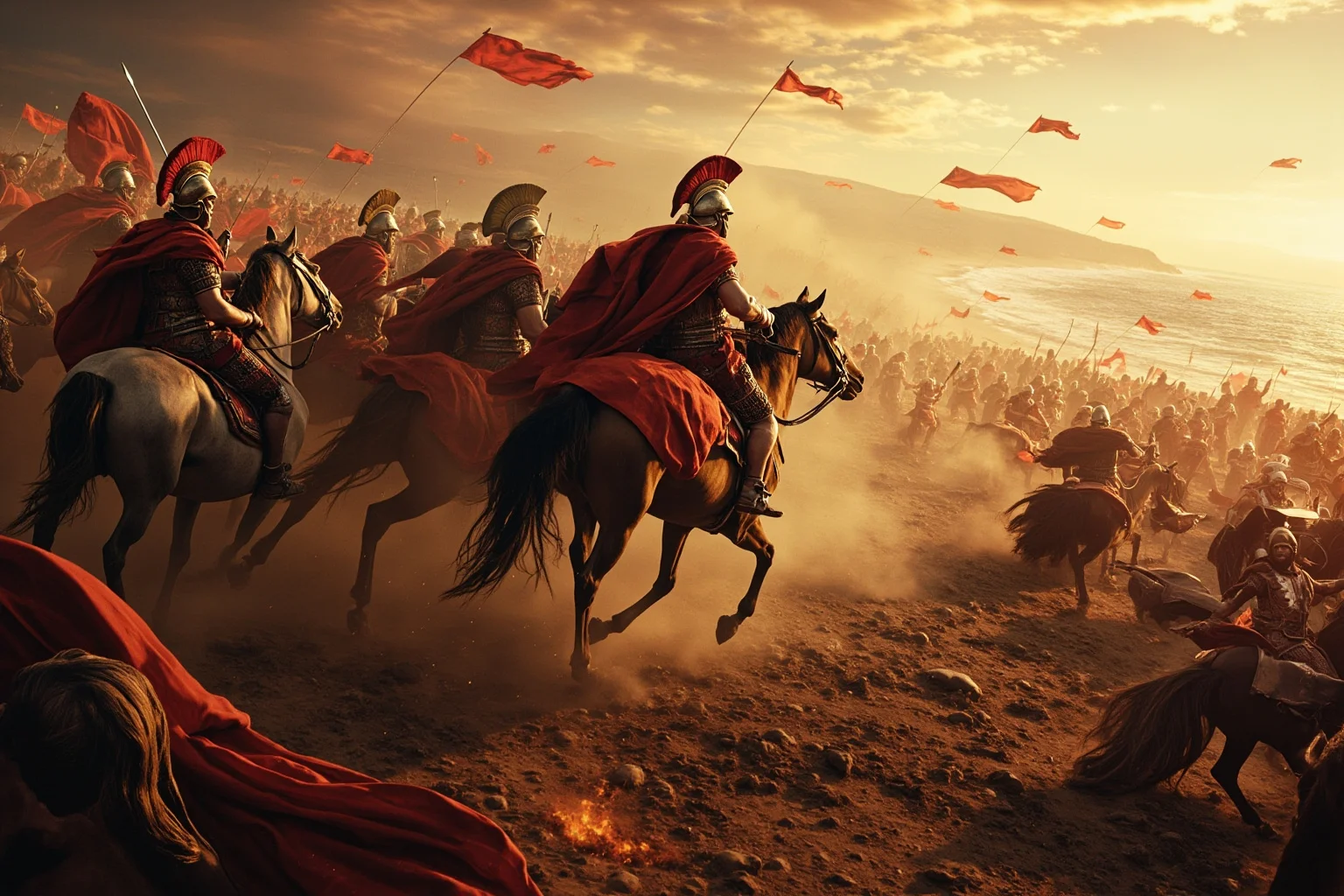 23 Important Ancient Greek Battles In History 21 Alexander the Great's cavalry clashing with Persian forces near a coastal plain, dramatic ancient battle scene