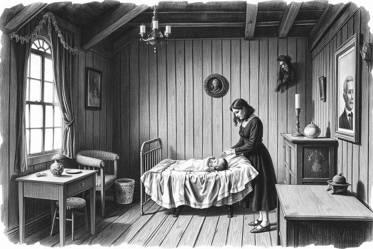 A somber Victorian-era nursery scene suggesting loss and new life, soft black-and-white toned illustration, no identifiable real people