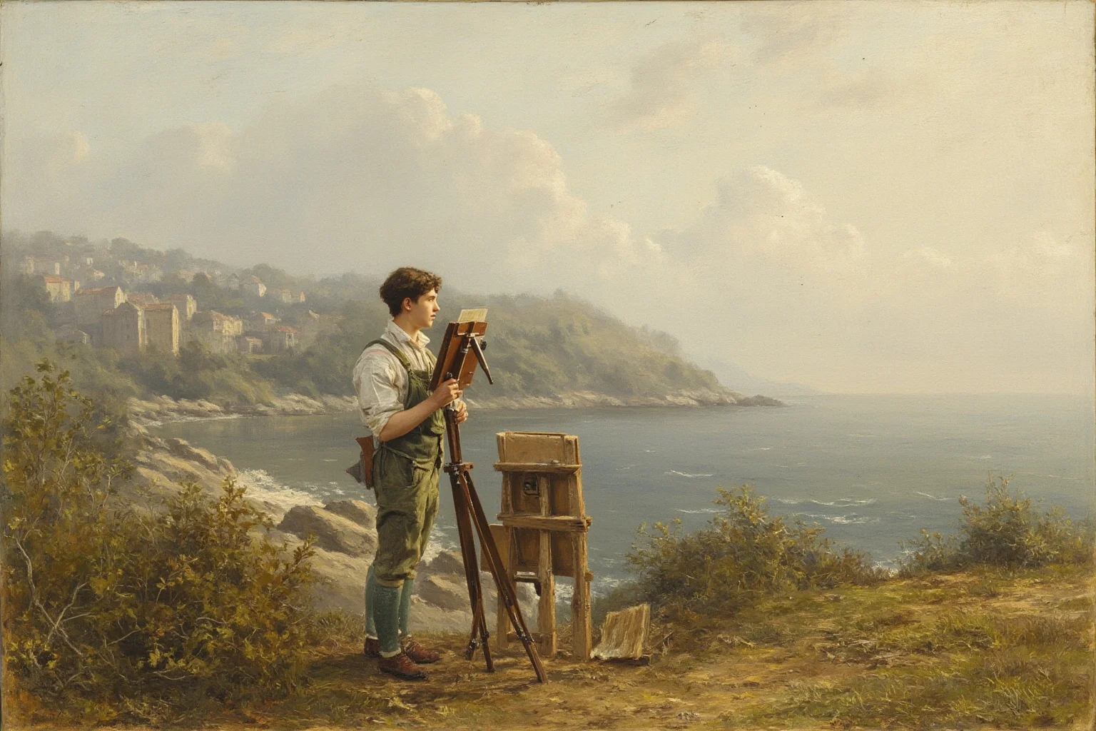 Amazing Facts About Claude Monet: His Life and 10 Greatest Paintings 2 A young 19th-century painter sketching outdoors near a foggy French seaside town, easel and paintbrushes visible, impressionist art style