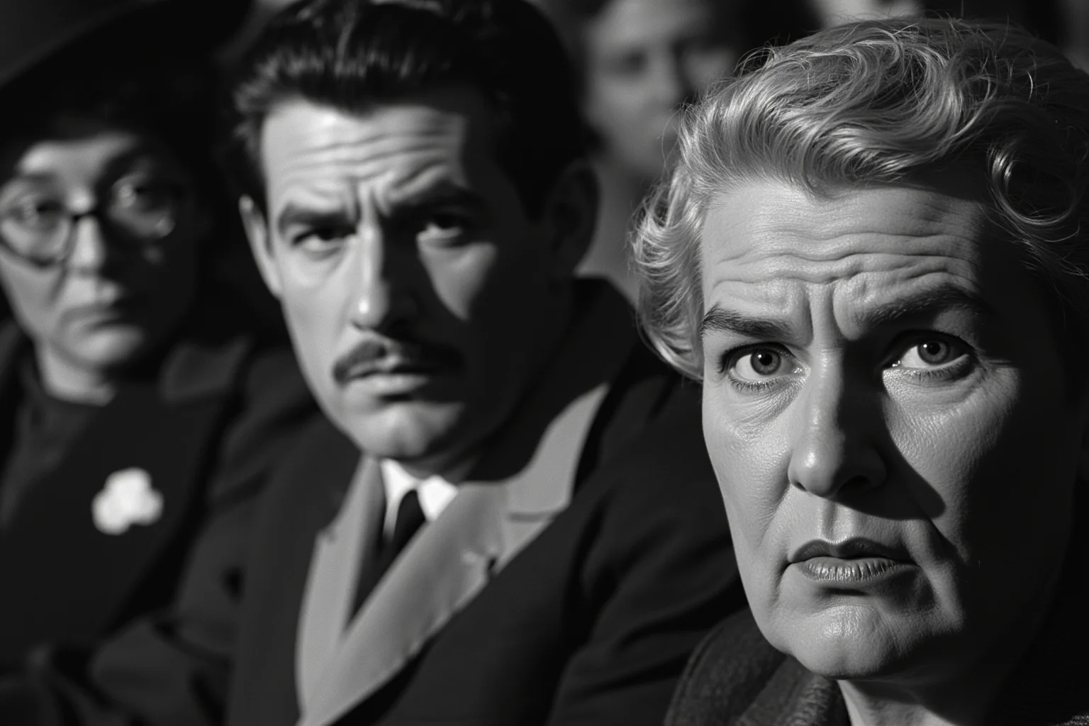 The Most Shameless Traitors of All Time 15 American couple from 1950s era at trial, concerned faces, courtroom setting, nuclear weapons imagery symbolic