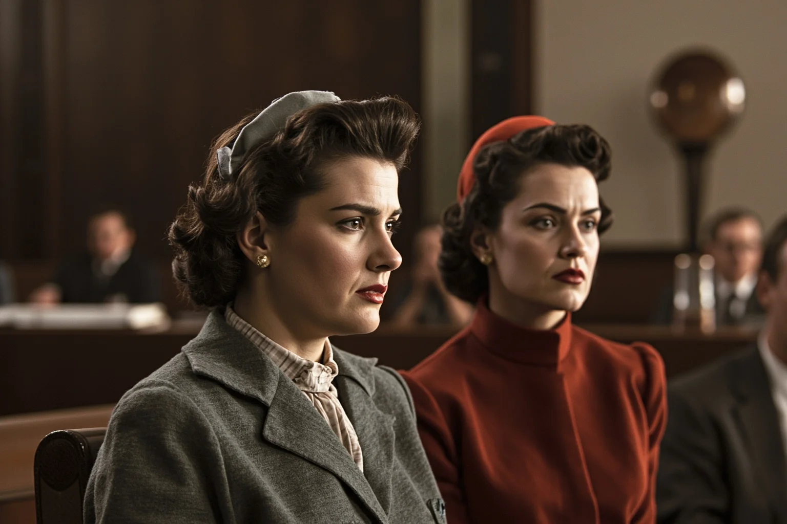 The Most Shameless Traitors of All Time 23 American husband and wife in 1950s attire at a trial, concerned expressions, courtroom with nuclear weapons research imagery