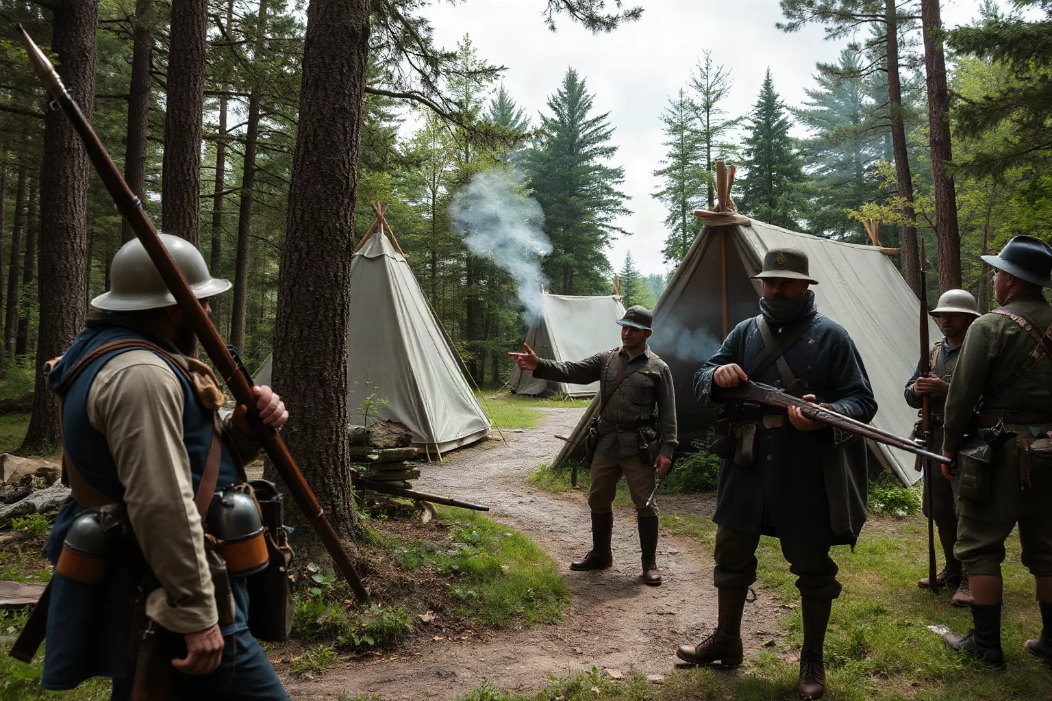 American militia forces surrounding British army encampment in upstate New York forest, 1770s military uniforms and tents