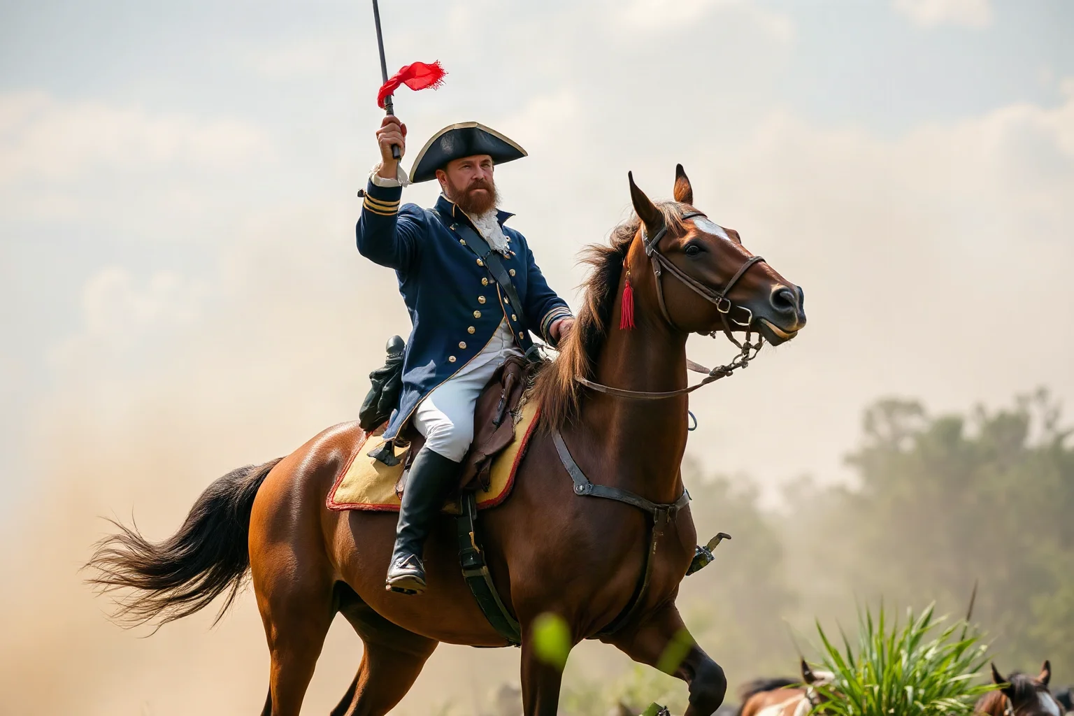American Revolutionary general on horseback commanding troops, colonial military uniform