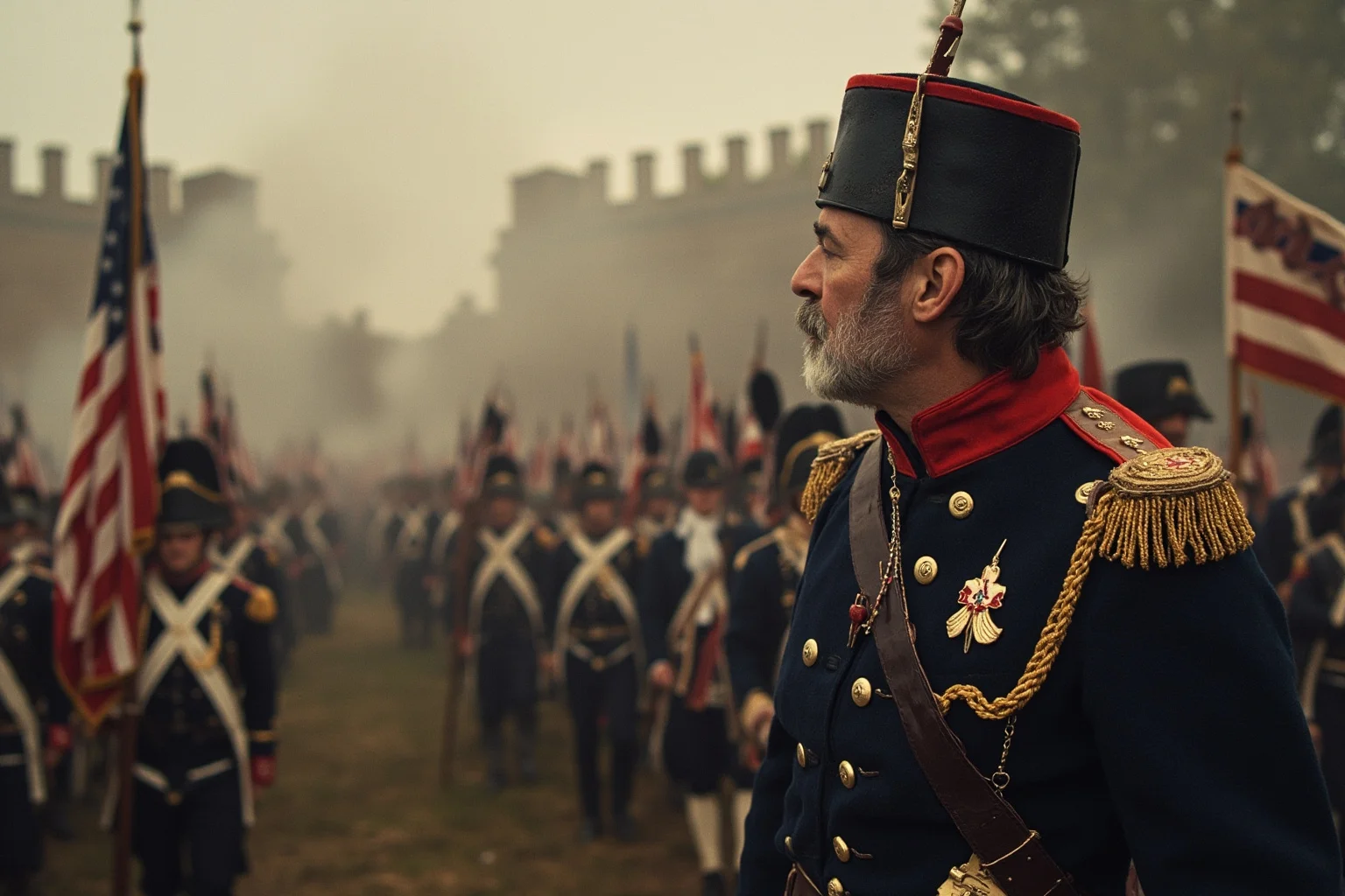 The Most Shameless Traitors of All Time 6 American Revolutionary War general in Continental Army uniform turning away, British redcoats approaching a fortress