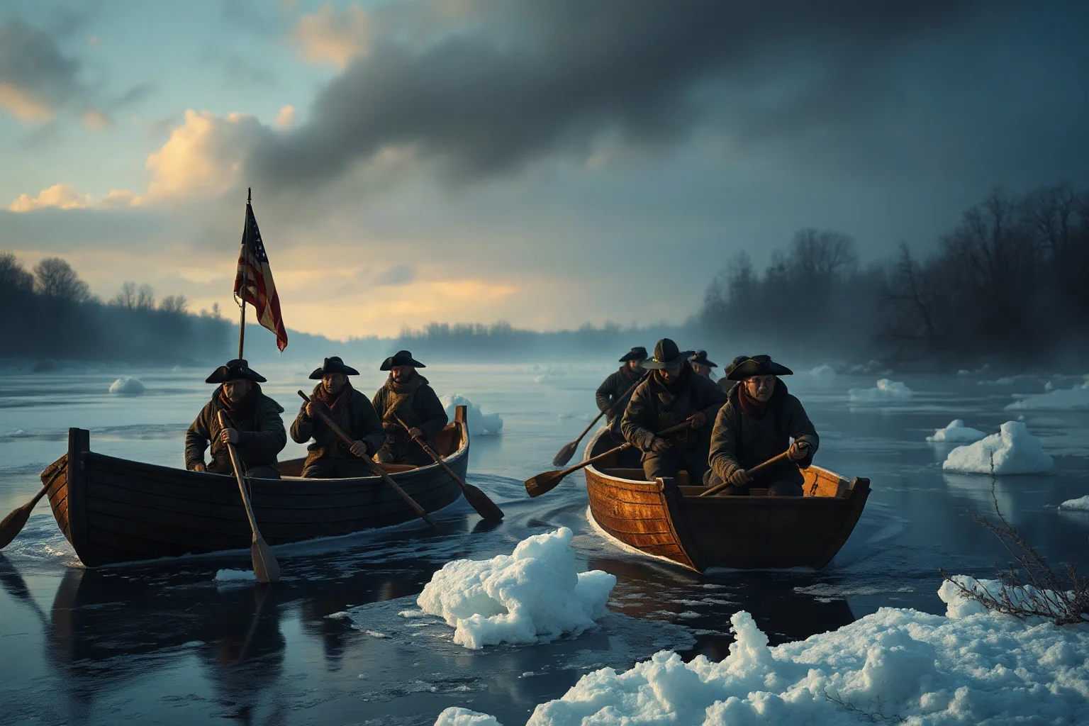 American soldiers crossing an icy river at night in small boats, snow-covered landscape, revolutionary war era uniforms