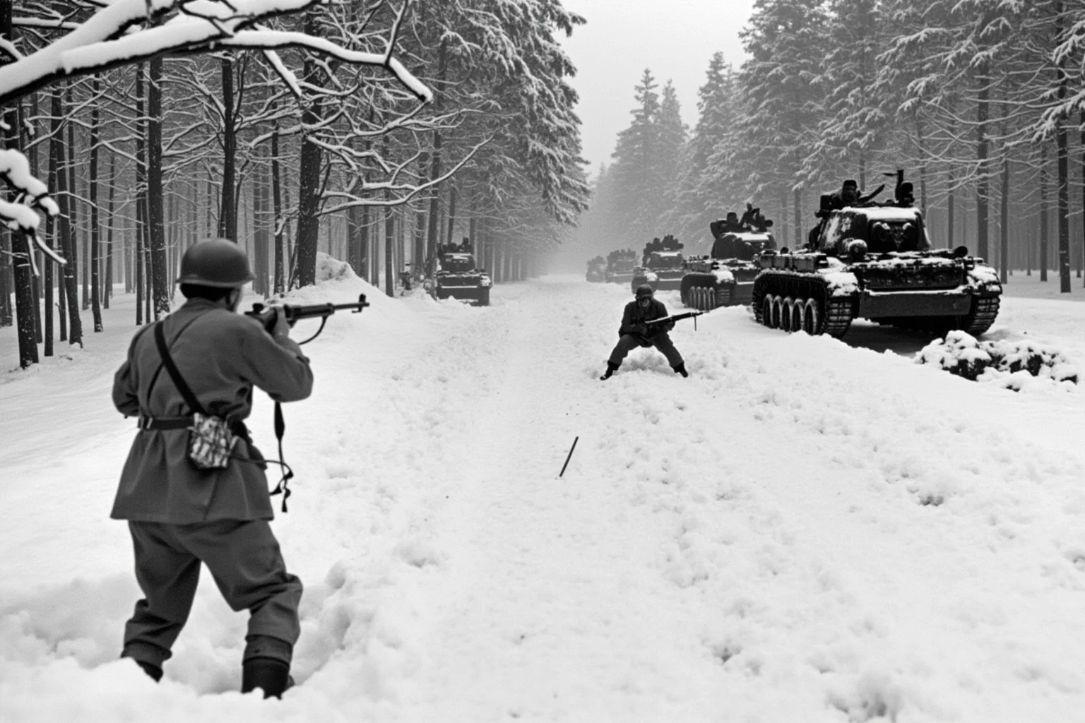 Battles That Defined American History 20 American soldiers defending a snowy forest position against tanks during a winter battle, WWII