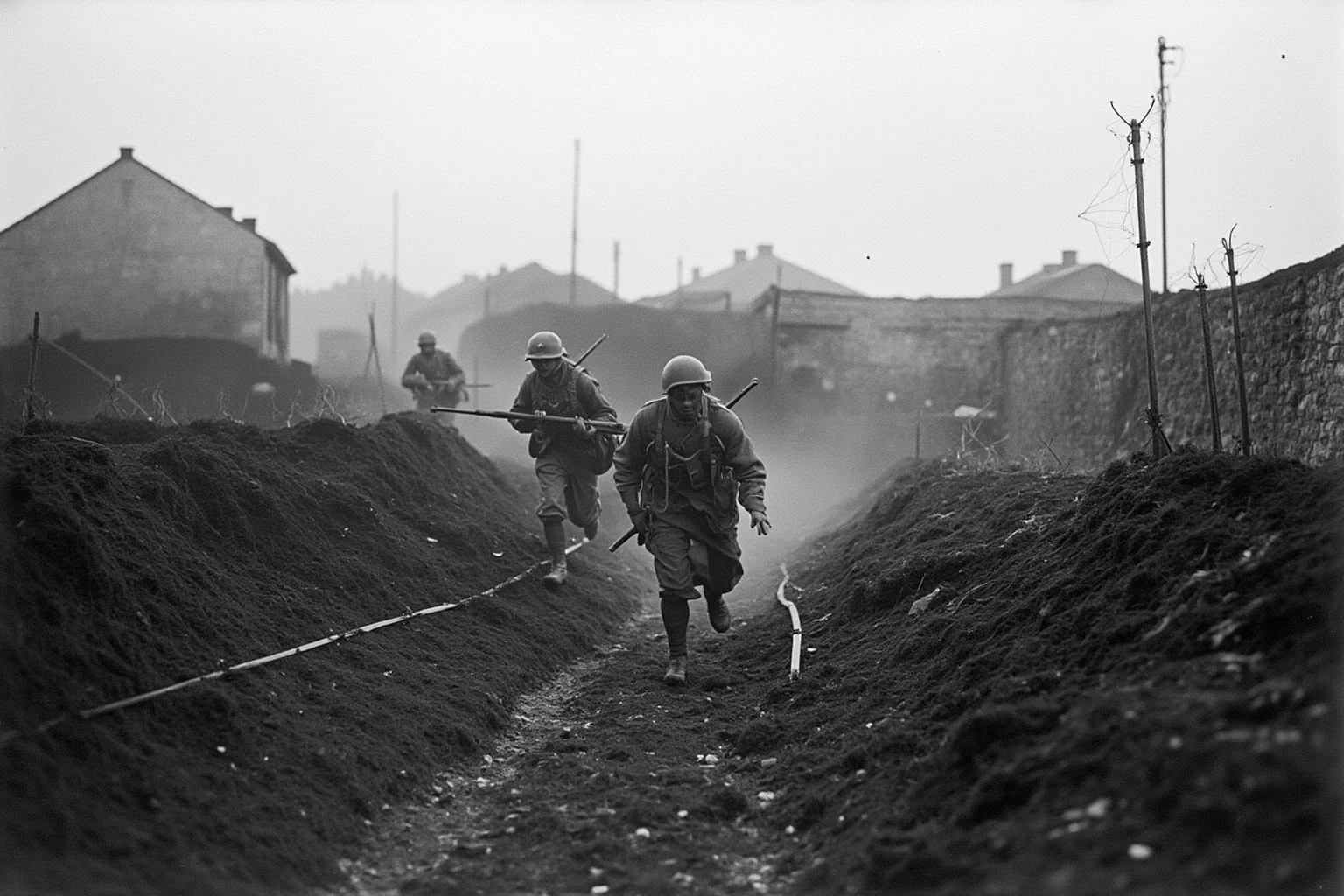 Battles That Defined American History 14 American WWI soldiers advancing across a shattered French village with barbed wire and trenches