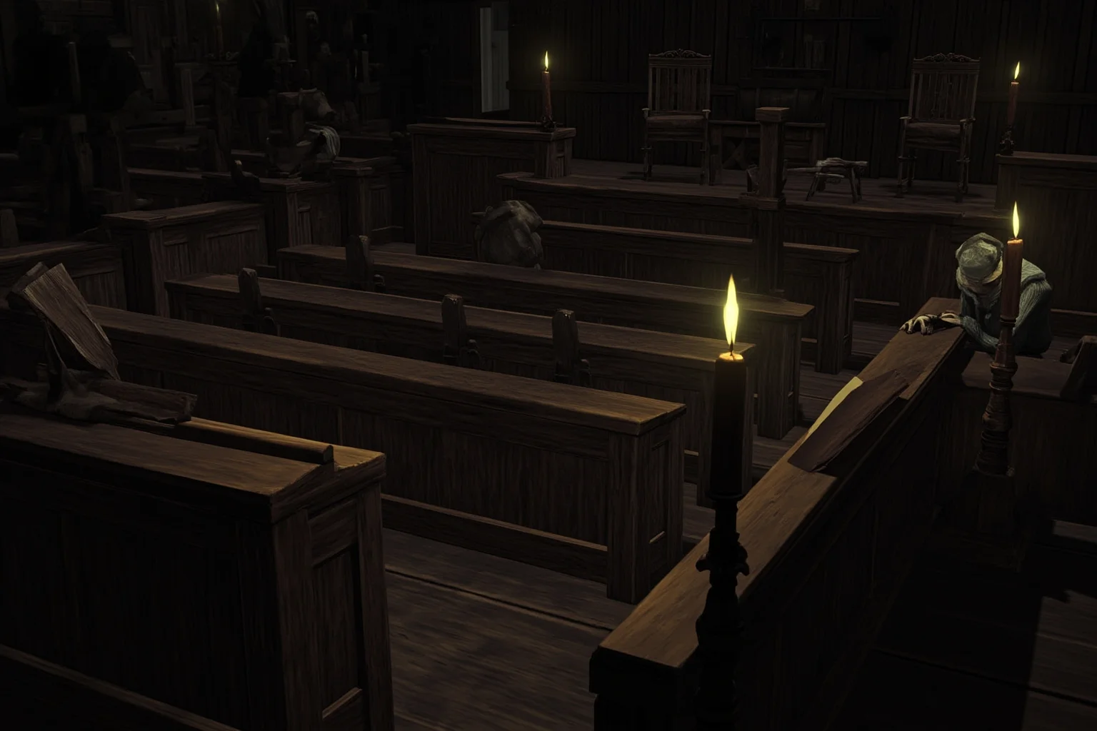 A dark, illustrated colonial-era courtroom scene suggesting the Salem witch trials, with somber wooden benches and candlelight, no real identifiable people