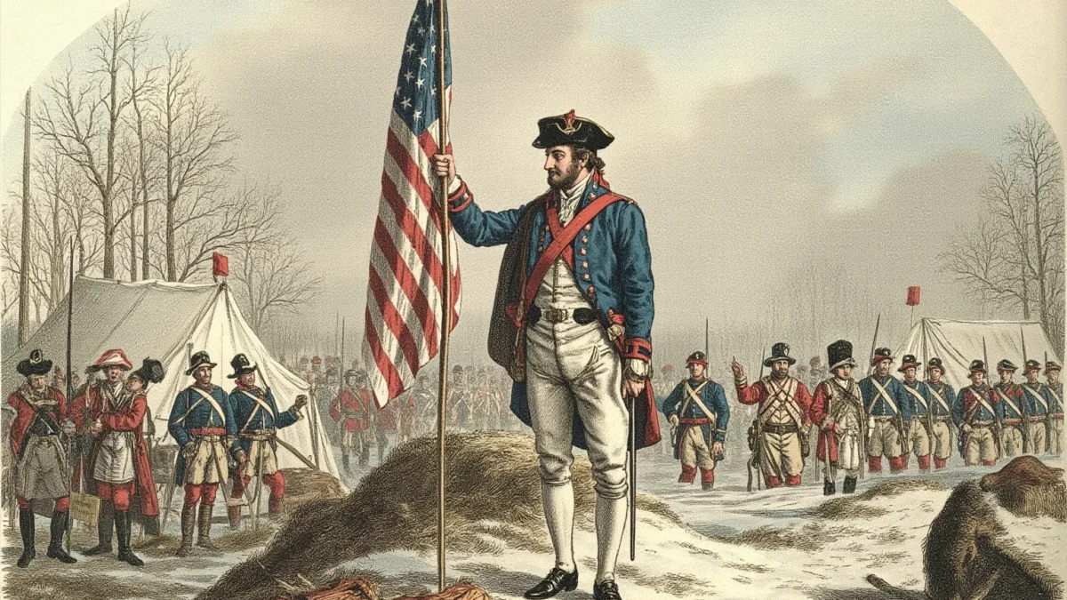 18th-century American general in Continental Army uniform standing before troops at a winter encampment, illustration style