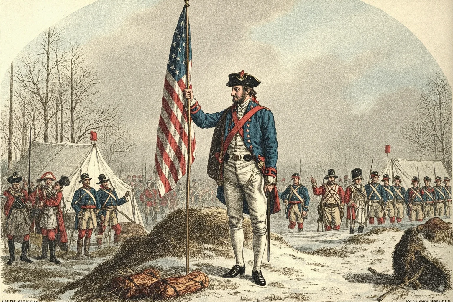 18th-century American general in Continental Army uniform standing before troops at a winter encampment, illustration style