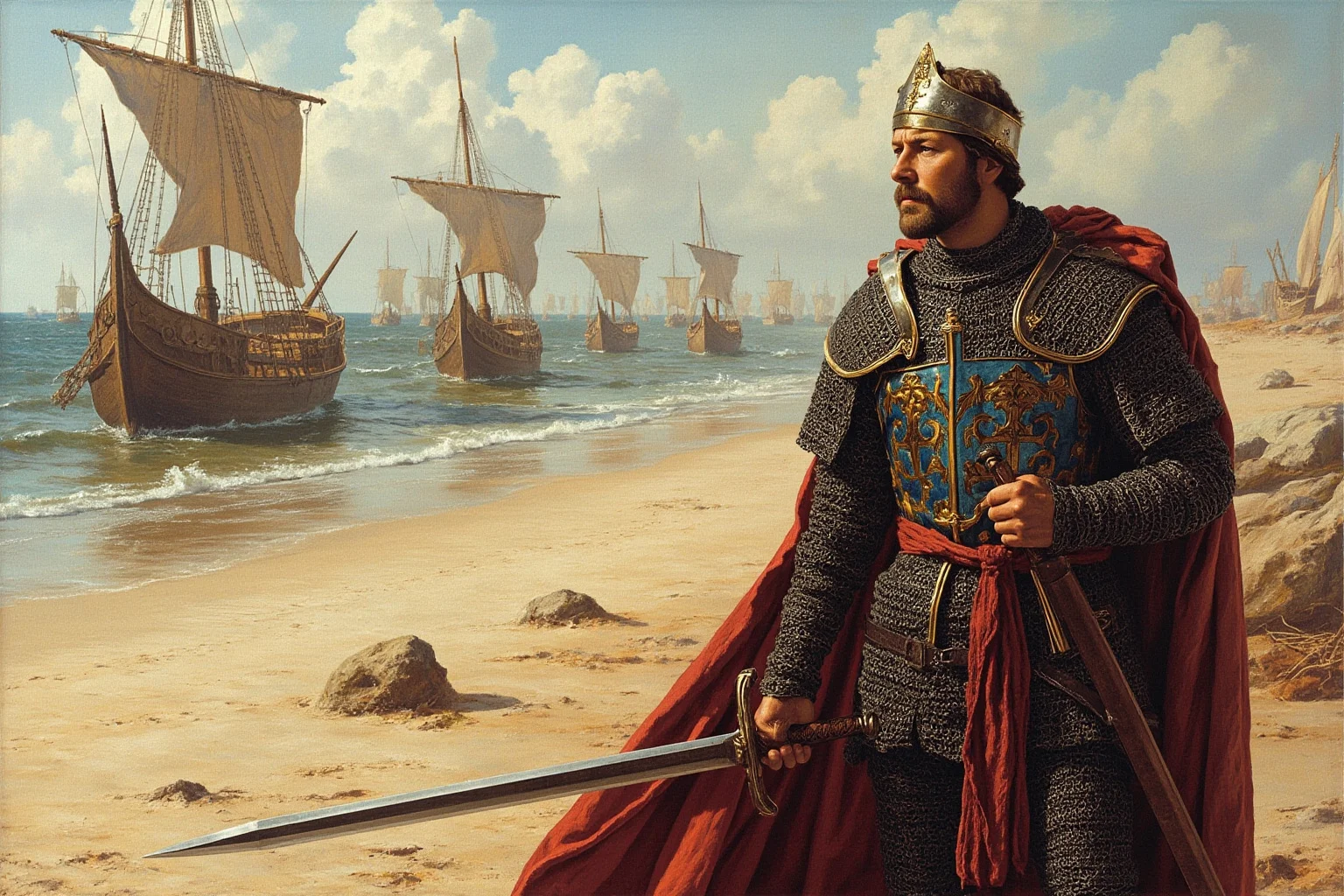 An 11th-century Norman duke in chainmail holding a sword before a fleet of longships on a beach, illustrative painting style