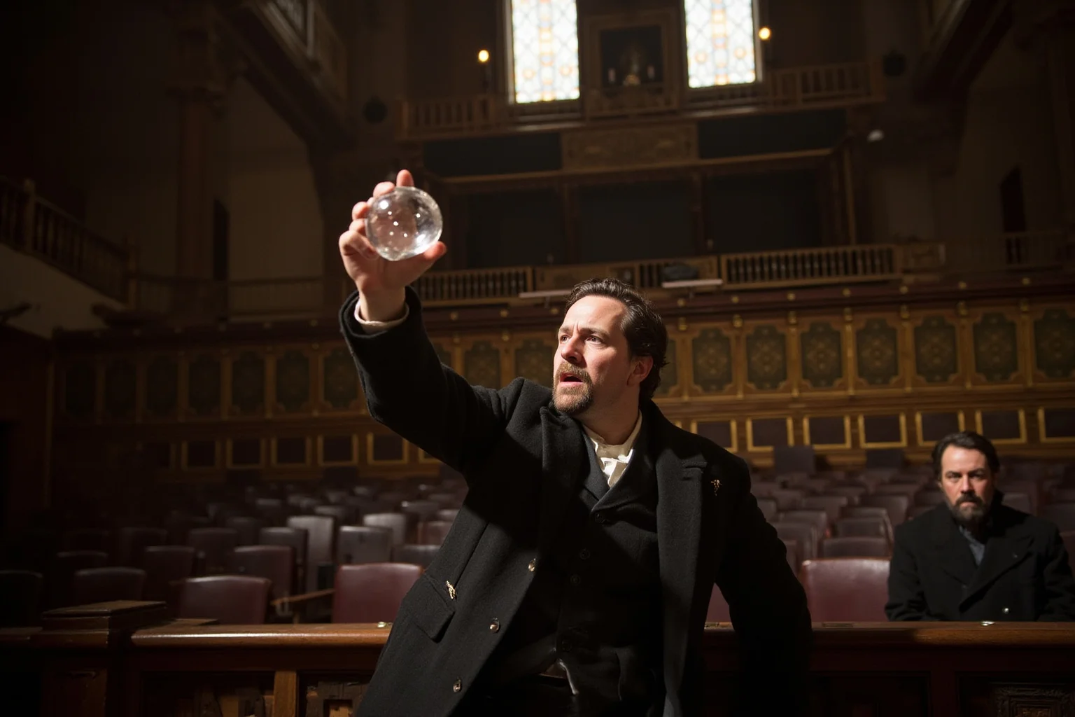 An 18th-century British parliament chamber with a dramatic speaker holding up a small preserved object