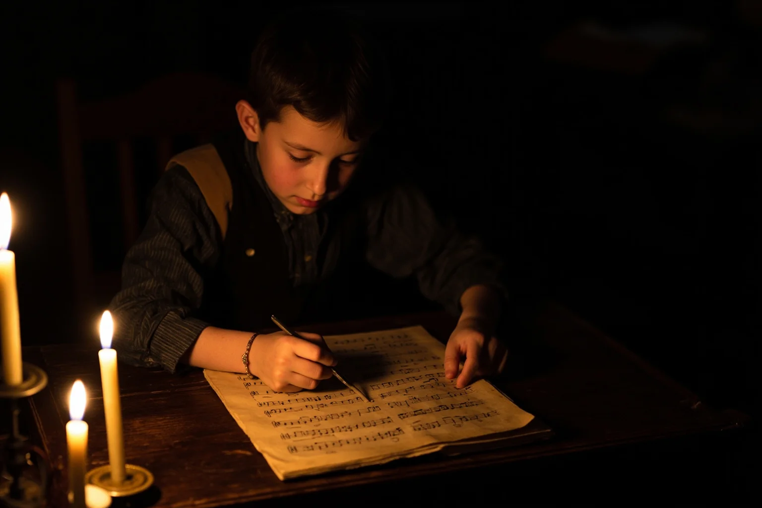 An 18th-century child prodigy composer writing musical notation by candlelight at a wooden desk