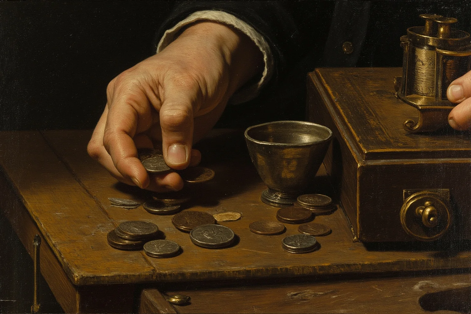 An 18th-century composer counting coins at a modest writing desk, illustrating financial hardship