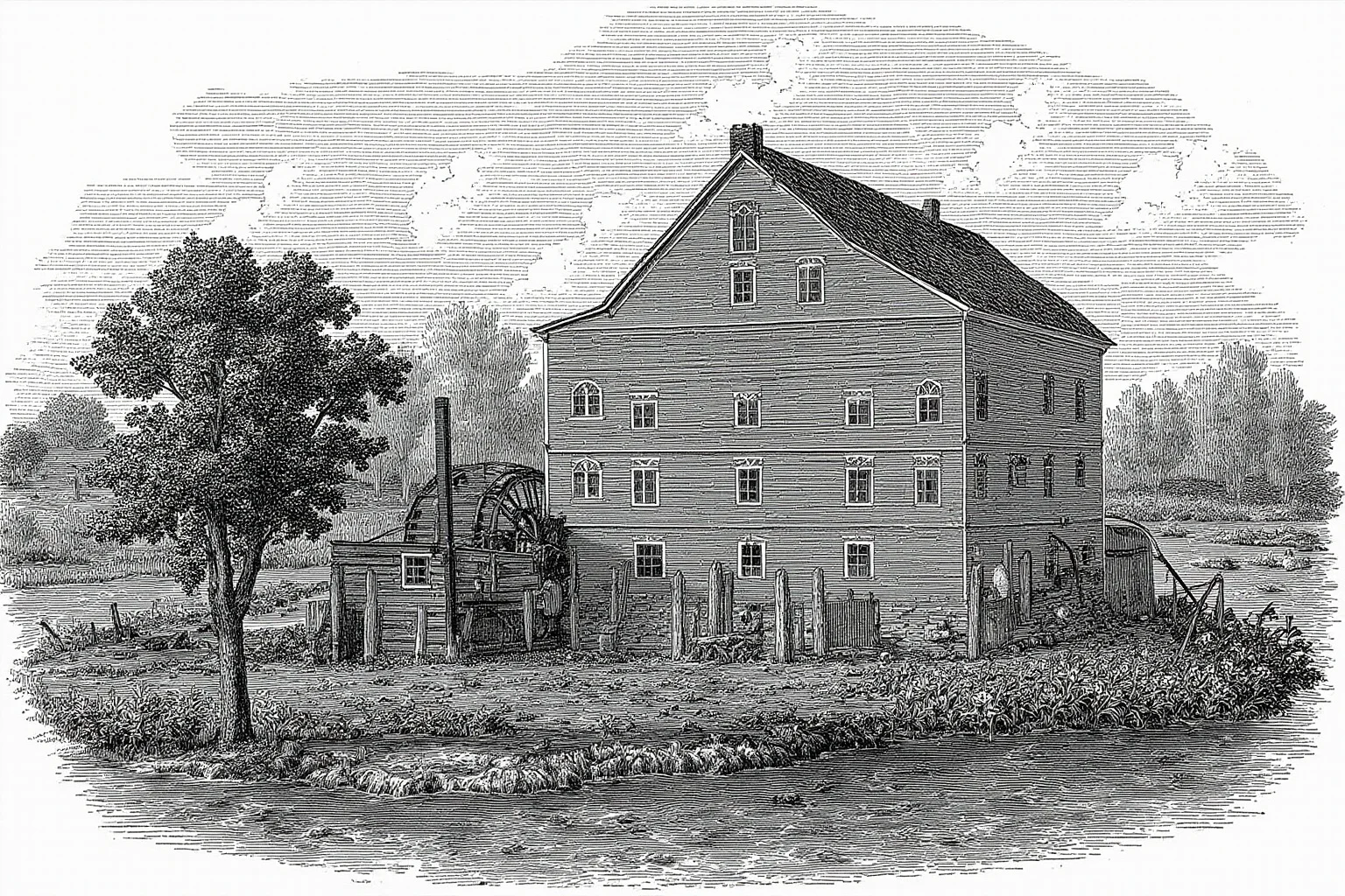 An 18th-century cotton mill exterior powered by a water wheel beside a river, historical illustration style
