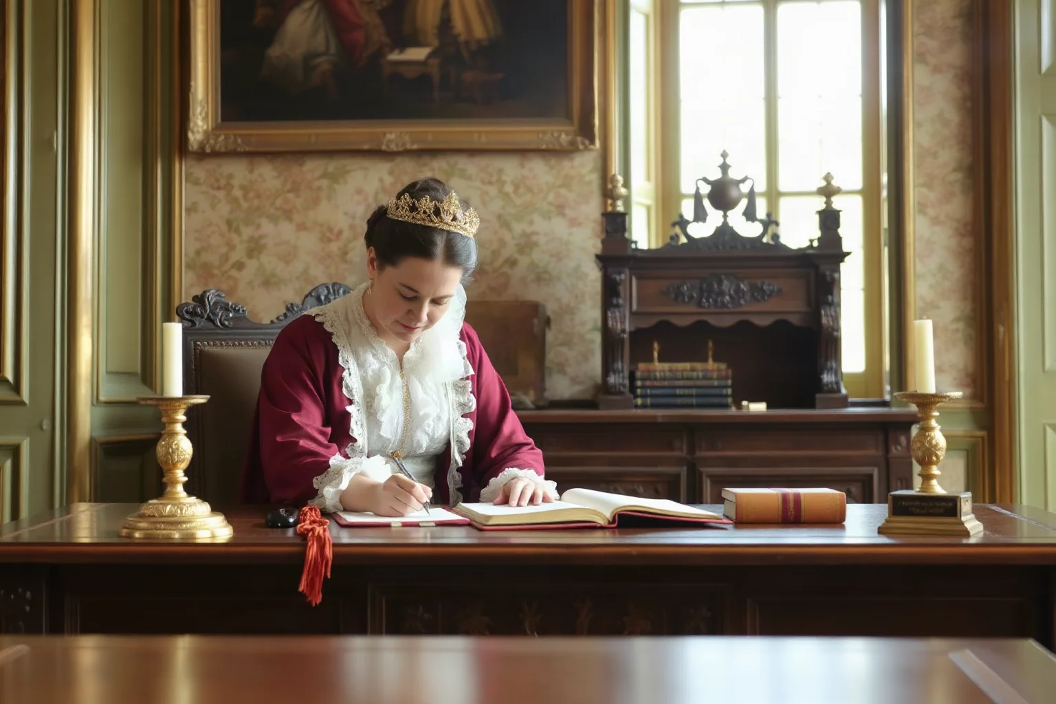An 18th-century empress signing a royal decree at a grand wooden desk