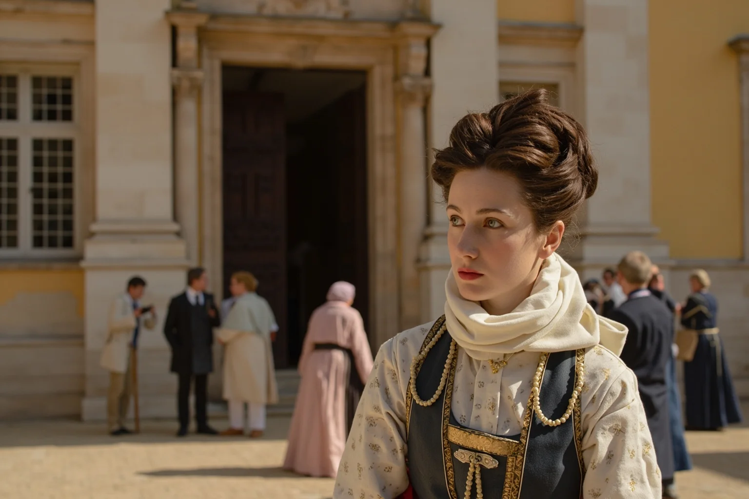 An 18th-century French palace courtyard scene with an elegantly dressed noblewoman figure, evoking pre-Revolutionary France without depicting a real named person